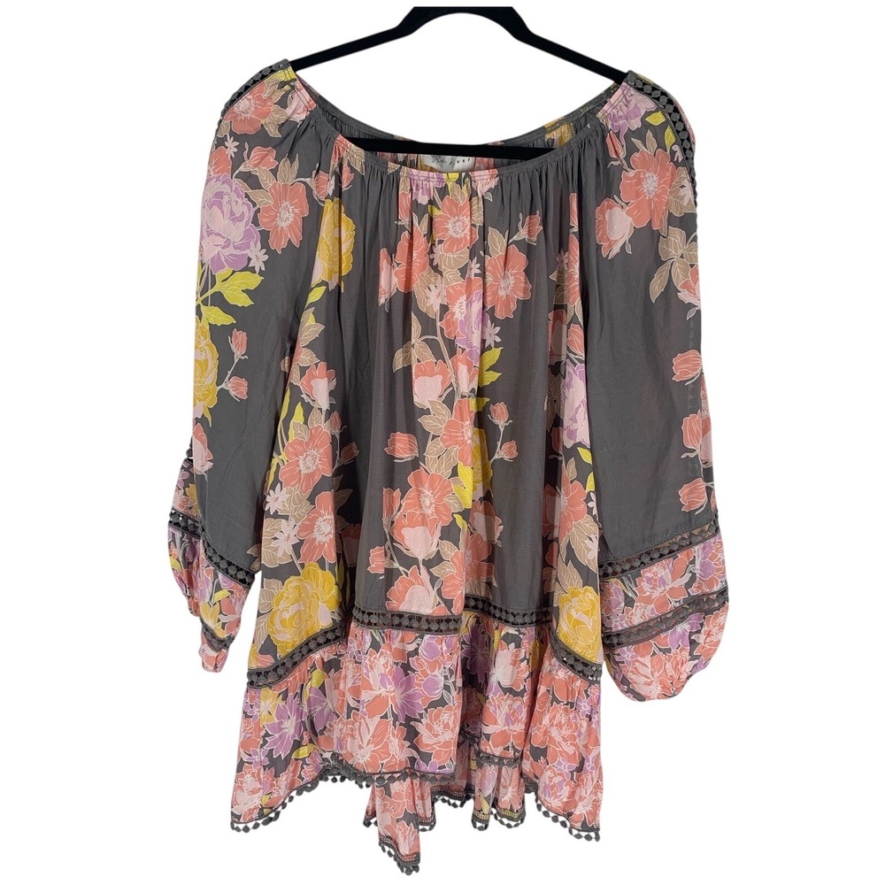 Fever Large Gray Floral Off Shoulder Boho Peasant Top NWT